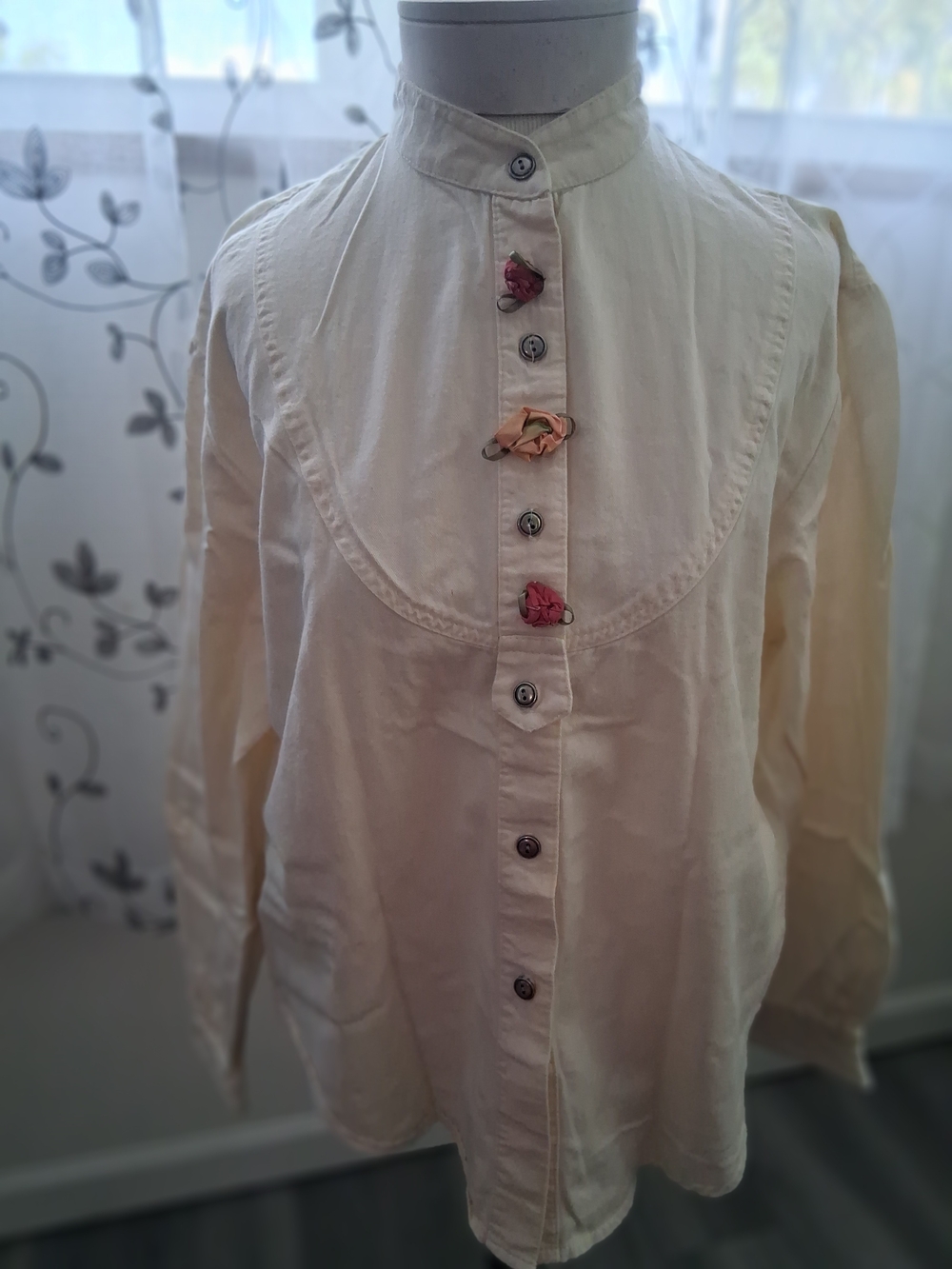 Cream Button-Down Blouse with Decorative Floral Accents
